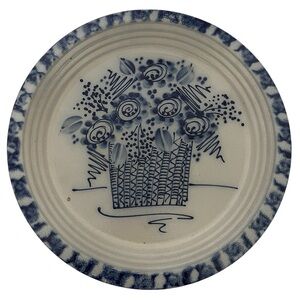 RARE 2004 ELDRETH Pie Plate Blue Salt Glazed Pottery Hand Painted Floral Basket